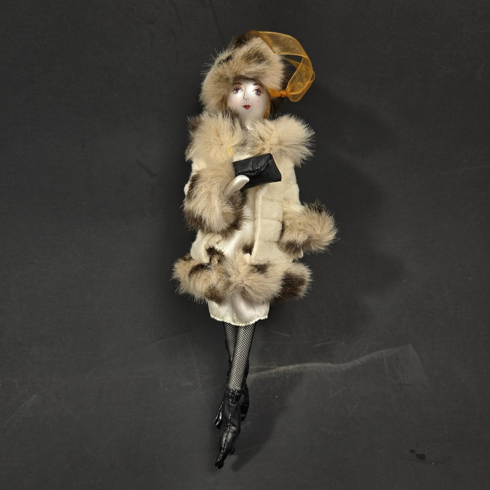 Vintage Art Deco Flapper Doll Resin Face Fur Coat Ornament In Box